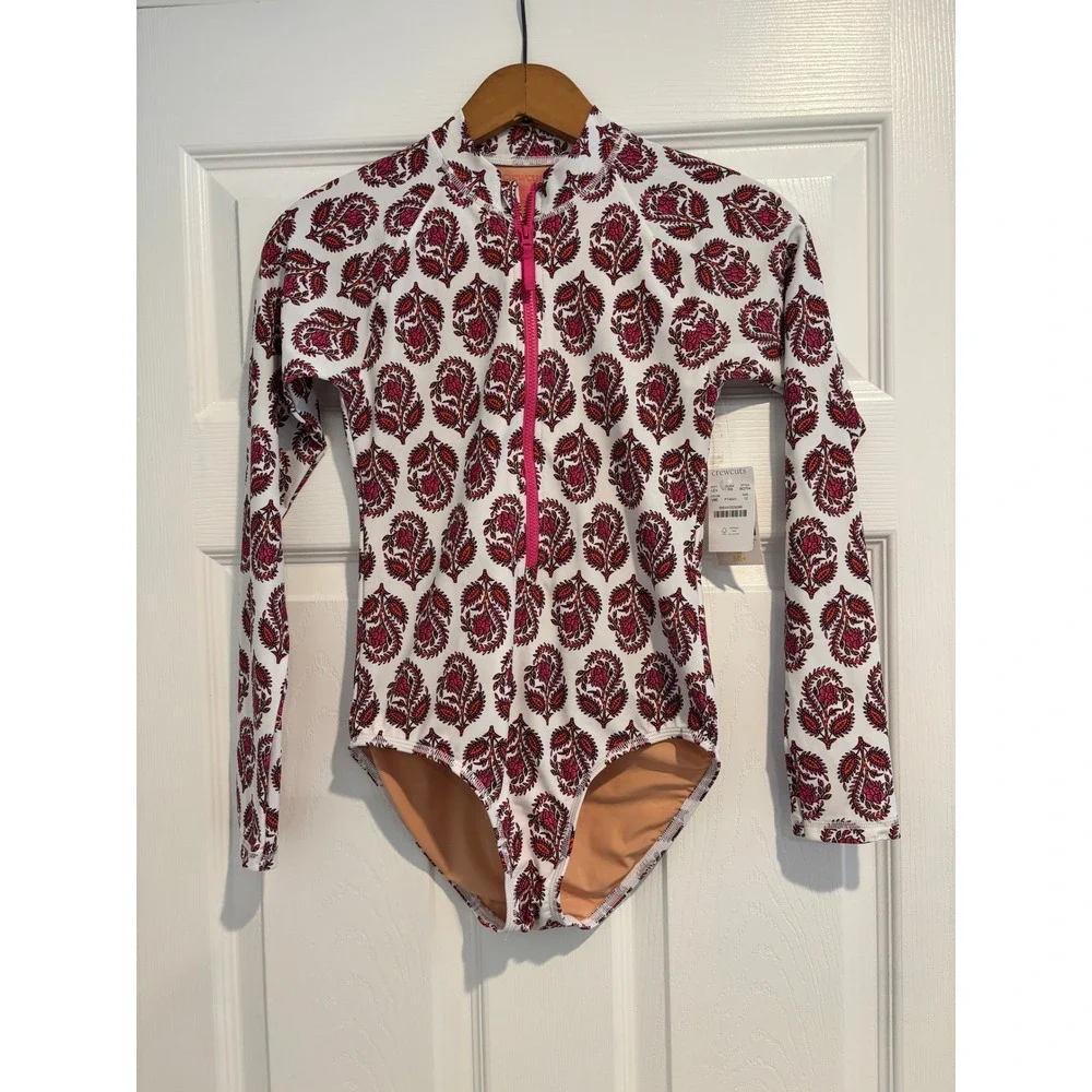 NWT Crewcuts Pink Orange Paisley Long Sleeve Rash Guard Swimsuit UPF Size 12